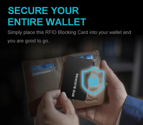 Person inserting RFID Blocking Card in wallet; part of 5 Pack RFID Blocking Card Shields For Wallets And Passports, Keeps Your Wallet Safe And Your Info Locked Down By Stopping NFC Skimming On Credit Cards And IDs, Ultra Slim Black Card Protectors For Contactless Payment And Travel.