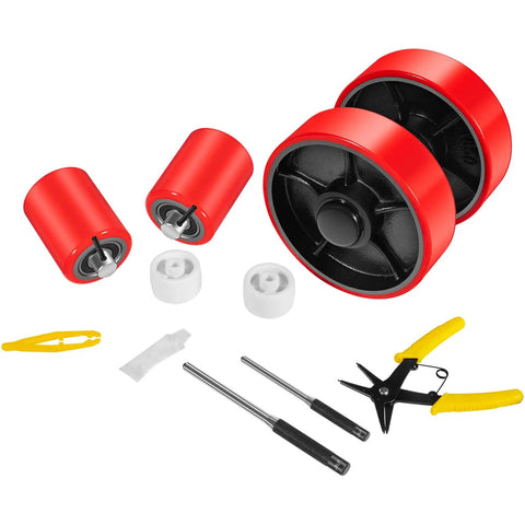 Heavy Duty Pallet Jack Wheel Replacement Kit with Dual 7x2 Steering Wheels and 3x3.75 Front Load Rollers, 20mm Bearings