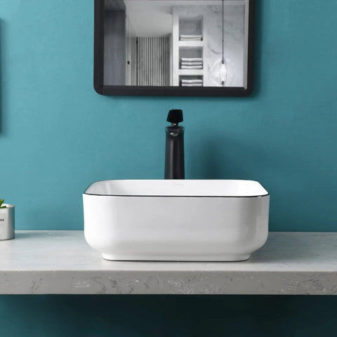 White Square Vessel Sink With Black Trim 15-Inch Above Counter Sink Pop Up Drain Modern European Style Bathroom Vanity Bowl