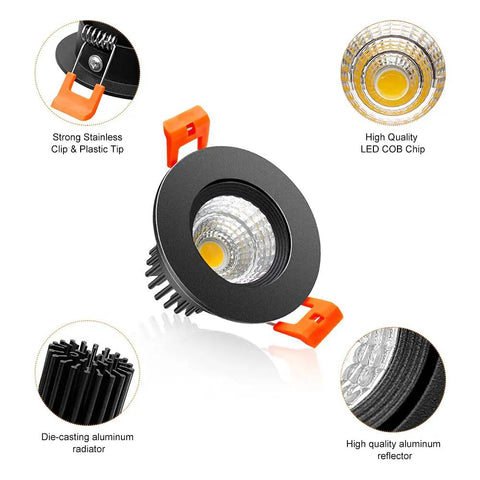 Close-up view of 2 Inch LED Recessed Ceiling Light 3W Dimmable Downlight Warm White 3000K details including COB chip and aluminum trim