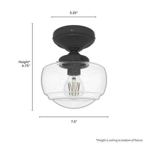 Saddle Creek 1 Light Noble Bronze Schoolhouse Flush Mount Ceiling Light Dimmable Fixture with seeded glass and dimensions shown