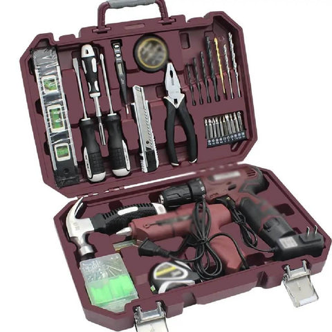 Heavy Duty 12V Lithium Electric Drill And Rechargeable Screwdriver Featuring A Slick 91 Piece Household Toolbox Set Loaded With Hella Tough Carbon Steel Bits For Weekend Diy Gear in a hard shell case.
