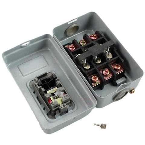 Rock Solid Three Pole Start Stop Power Switch with interior view, grey steel housing, heavy duty for industrial machines.