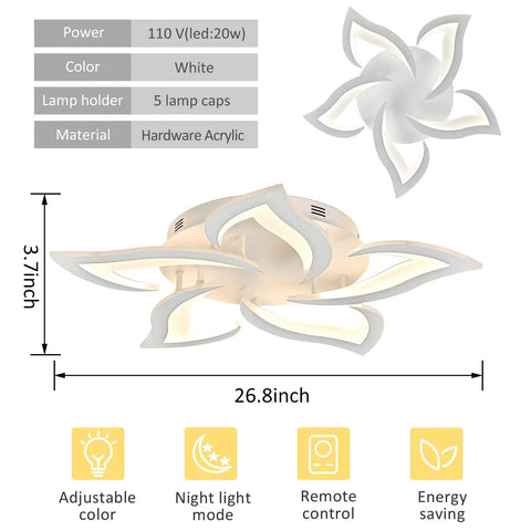 Modern Five Head Dimmable LED Ceiling Light With Remote Control Three Color Temperatures And Timer product dimensions and features