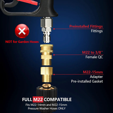 Diagram showing fittings and adapters of High Flow Pressure Washer Gun With Swivel For 4000 PSI Power Washing, M22 14mm/15mm And 3/8 QC Inlet, 1/4 Quick Connect For Foam Cannon, Perfect For Car Wash, Patio And Driveway.