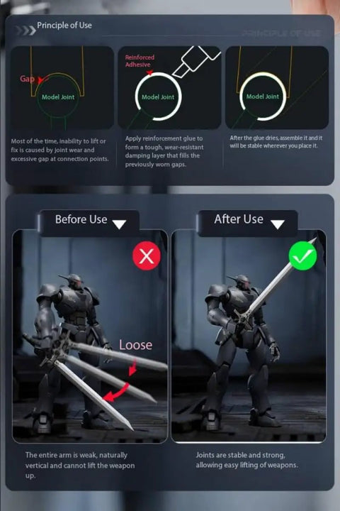Before and after comparison using Action Figure Joint Reinforcement Glue Pen For Model Kits Toy Repair Adhesive.