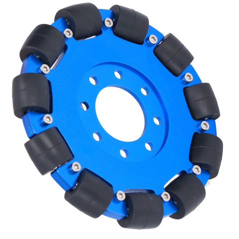 Blue 5in omnidirectional robot wheel with aluminium alloy hub and silicone rollers; front view
