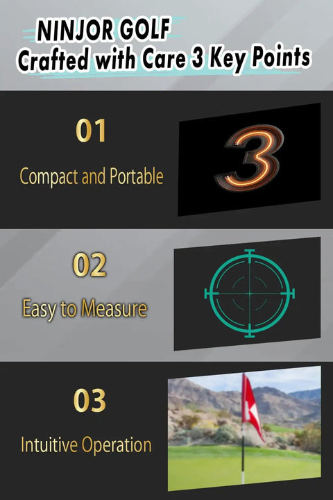 NINJOR GOLF key points image highlighting compact and portable, easy to measure, intuitive operation for golfers.