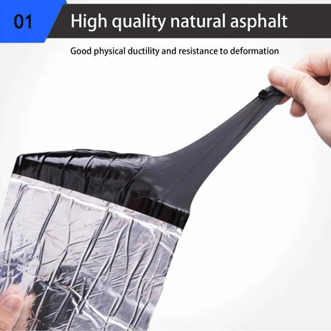 Heavy Duty Self Adhesive Roofing Felt Tape Cuts Through Asphalt Shingle Leaks In No Time waterproof roll being stretched by hand.
