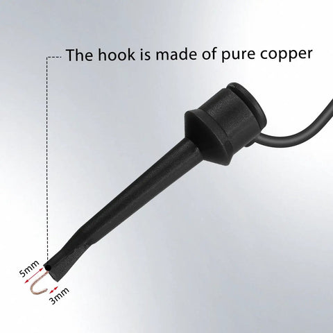 Close-up of test hook clip from 16 Gauge 2 Pack Test Lead Kit With Banana Plugs And Test Hook Clips, 3.3 Ft UL 3135 Silicone Jumper Wires.