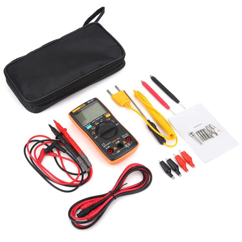 Must Have Digital Multimeter Auto Range Voltmeter with Large Backlit LCD Display 9999 Count, accessories, and carrying case