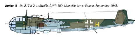 Side view of Dornier Do 217 K2 with 9/KG100 markings, 1/72 scale, for model kit with Fritz X guided bombs assembly.