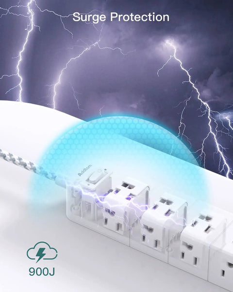 Surge Protector Power Strip With Twelve Outlets And Three USB Ports, lightning protection graphic, 900J rating displayed