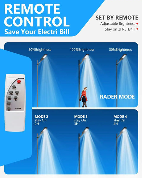 Remote control modes for 2 Pack 800W Solar Street Lights Outdoor With 60000LM Motion Sensor LED Flood Lights.