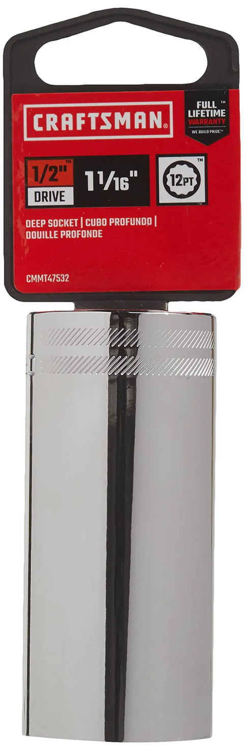 Deep Socket SAE One Half Inch Drive One And One Sixteenth Inch Twelve Point with Chrome Finish on retail packaging