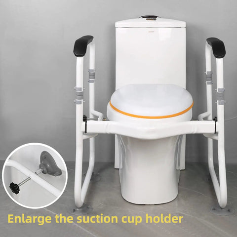 Ultimate Toilet Safety Rail With Padded Arms, Adjustable Height Bathroom Frame installed on white toilet