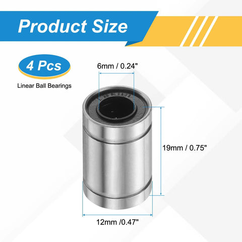 4 Pack LM6UU Linear Ball Bearings 6mm Bore 12mm OD 19mm Length With Double Sided Rubber Seals For DIY Makers And Enthusiasts Supporting Smooth Motion In 3D Printers And CNC Machines ABEC3 High Precision, product size diagram