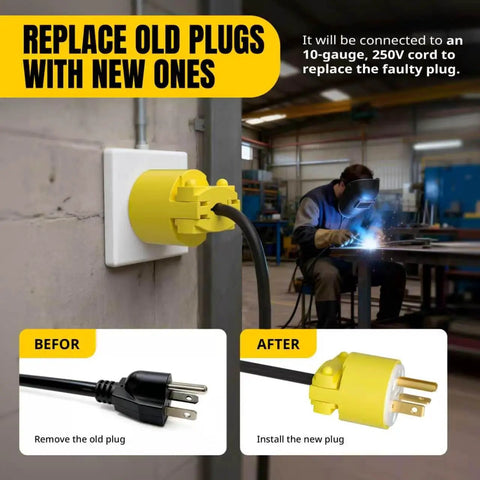 Yellow Replacement Plug And Socket Set For NEMA 6-20P And NEMA 6-20R, 250V 20A, installed in wall socket with close-up details