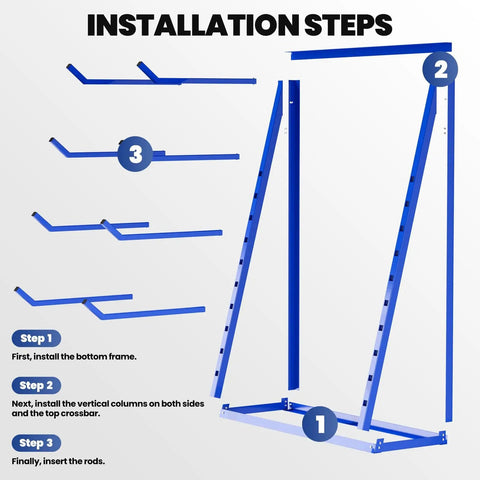 Installation steps for Built Like A Tank Four Tier Cantilever Lumber Storage Rack with blue steel frame and horizontal arms.