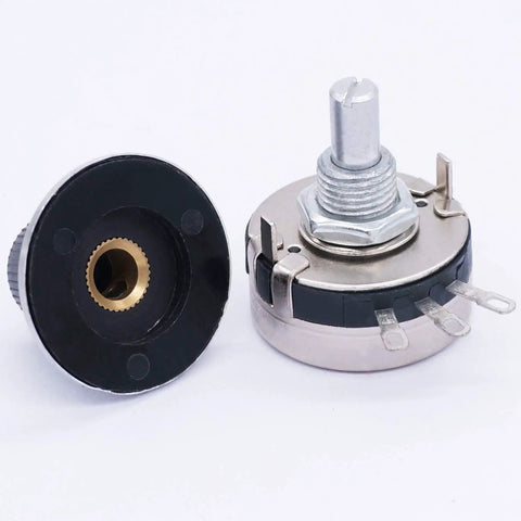 Two Pack Rotary Carbon Potentiometer Set With Knobs WTH118-2W 10K Ohm, Single Turn Top Adjustment, 3 Terminals shown front view