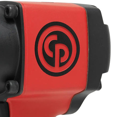 Close-up of Heavy Duty Three Quarter Inch Air Powered Impact Wrench Delivering Big Boy Breakaway Torque Up To 1200 Ft Lb logo detail.