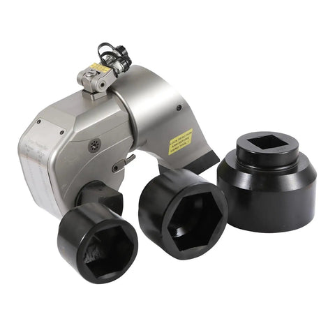 Heavy Duty Hydraulic Torque Wrench One Inch Square Drive Seven Hundred Bar Pressure with two hex adaptors for various applications.