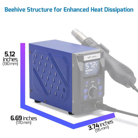 Pro Grade Hot Air Rework Station With Detachable Soldering Gun, 4 Preset Channels, Digital LED Display, shows device dimensions