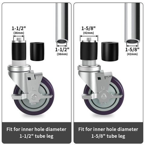 Adjustable prep table casters, expanding stem fit for 1-1/2 to 1-5/8 inch tube legs with brakes.