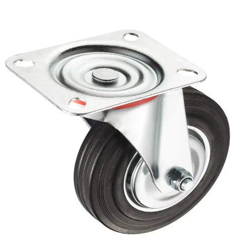 Top Shelf 6 Inch Rubber Caster Wheels 4 Pack With Two Smooth Rolling Swivel And Two Rock Solid Rigid Base Units Rated For A Hefty 331 Pounds Each Perfect For Heavy Hauling Shop Gear Movement Without Marring Clean Floors Anytime, close-up view of a swivel caster wheel with rubber tire.