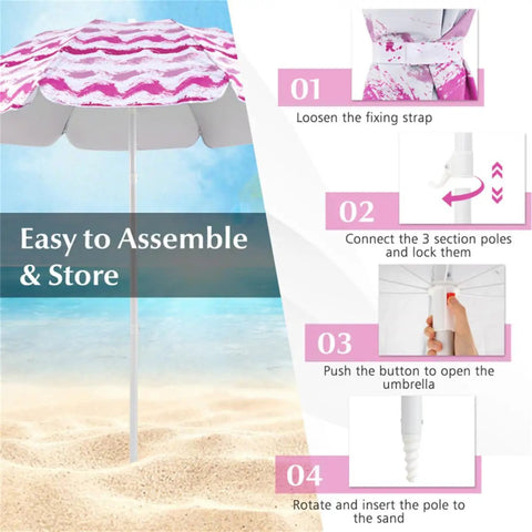Assembly steps for Six Point Two Foot Beach Umbrella With Two Folding Chairs And Waterproof Blanket Grab And Go Pink Beach Set