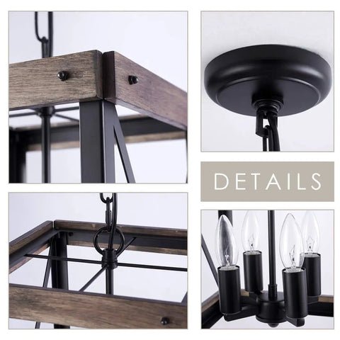 Details of Four Light Wood Grain Black Cage Pendant Lamp For Kitchen Island And Dining Room, Rustic Farmhouse Style
