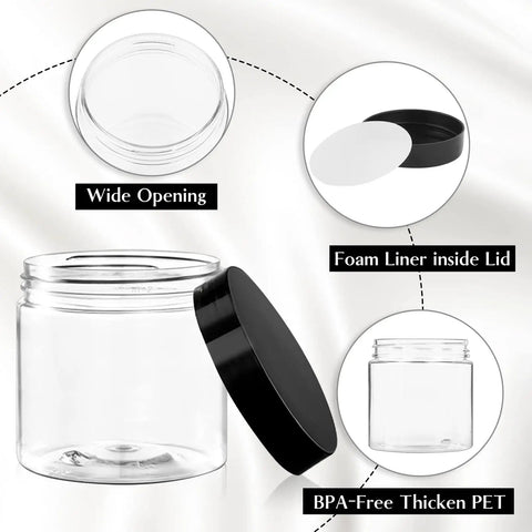 12 Pack 4 Oz Clear Plastic Sample Jars With Heavy Duty Black Screw Top Lids showing wide opening and foam liner in lid.
