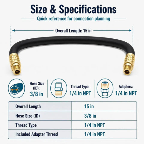 Size and specifications of Ultra Flexible Rubber Air Compressor Whip Hose Kit, 3/8 inch ID, 15 inch length, brass fittings.