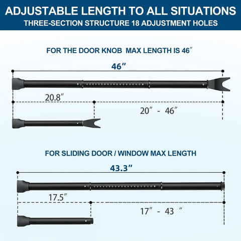 Illustration showing adjustable lengths of Heavy Duty 2 Pack Door Security Bar for knob and sliding doors.