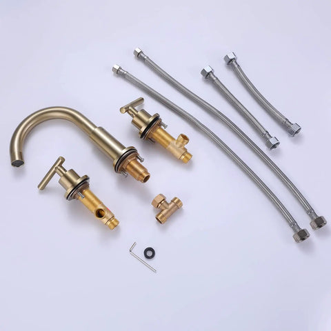 Brushed Gold Widespread Bathroom Faucet For 8 Inch Sinks Brass Deck Mounted Tap, components displayed with hoses and handles