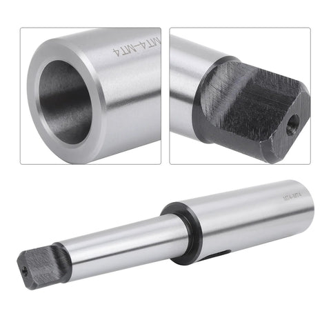 MT4 to MT4 taper drill sleeve reducing adapter in silver metal; bore and end detail visible.