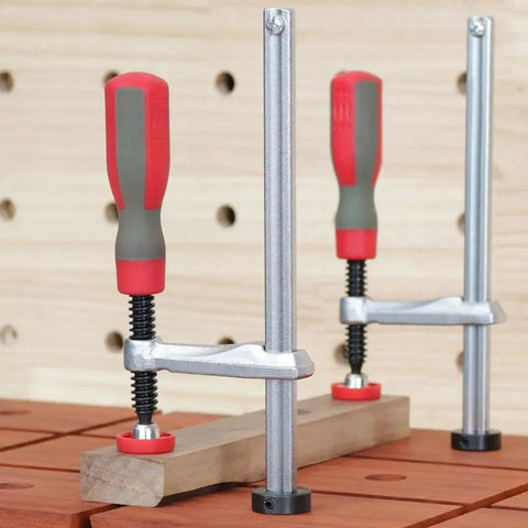 Rock Solid 2 Pack Adjustable Bench Dog Clamps For Three Quarters Inch Dog Holes On MFT Tables Holds Tight For Routing Drilling And Sanding Stable Holdfast Style Woodworking Tools on wooden workbench