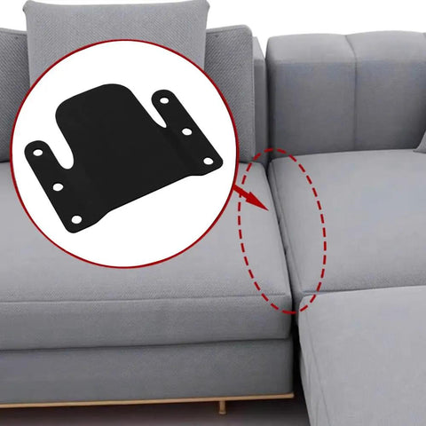 Heavy Duty Sectional Sofa Connectors With Solid Metal Interlocking Clips. Black connector piece shown between couch sections.