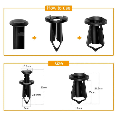 Illustration showing how to use push retainers with size details for 35 Piece Engine Under Cover Splash Shield Bolt Kit Universal Fit