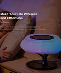 Bedside Lamp With Wireless Charger And Bluetooth Speaker For Bedroom RGB Dimmable Nightstand Light on wooden table