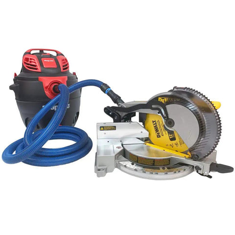 Antistatic Expanded Multi Brand Power Tool Dust Collection Adapter Set With Quick Click System attached to miter saw and vacuum