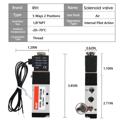 12V One Eighth Inch NPT Solenoid Valve 5 Way 2 Position Pilot Operated Electric Pneumatic Control Valve dimensions and specs