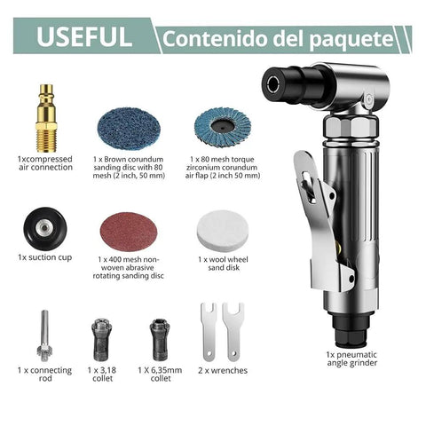Tough 90 Degree Angle Air Die Grinder With High Torque Motor And Slip Resistant Grip, includes sanding discs and collets.