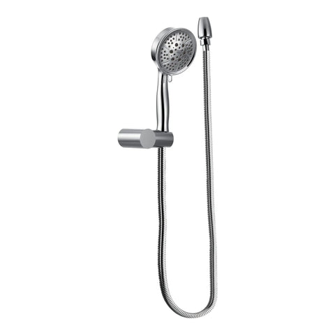 Four Function Eco Performance Handheld Shower With 69 Inch Hose And Wall Bracket, Rotating Angle, shown mounted on wall.