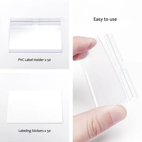 Clear Plastic Label Clips For Wire Shelves With 50pcs Merchandise Tags Transparent Storage Markers shown with holders and stickers.