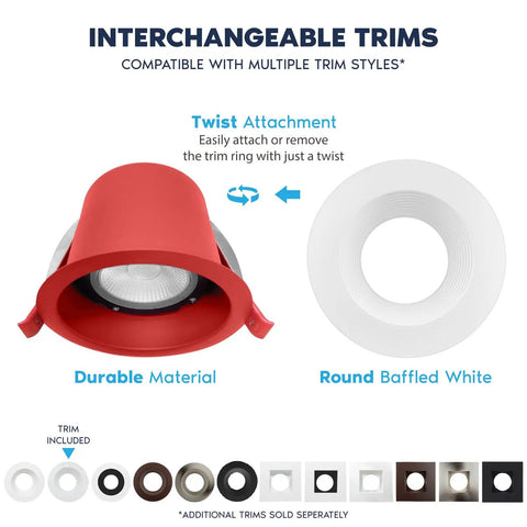 Straight Up Tough 4 Inch LED Recessed Downlights With Integrated J Box, showing red trim and round baffled white trim options.