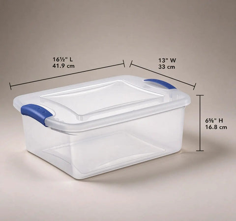 Heavy Duty 15 Quart Latching Storage Bin With Secure Lock Tight Lid And Crystal Clear Window dimensions displayed.