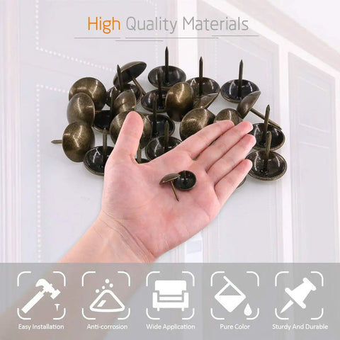 Premium Antique Bronze Upholstery Tacks 200 Piece Assortment Kit displayed in a hand, showcasing antique finish and durability.