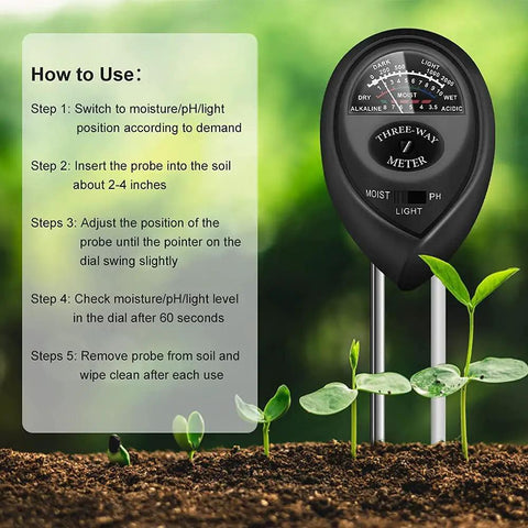 Soil Tester Plant Meter Light Tester 3 In 1 Function Soil Testing Kit with usage instructions overlay in a garden setting.