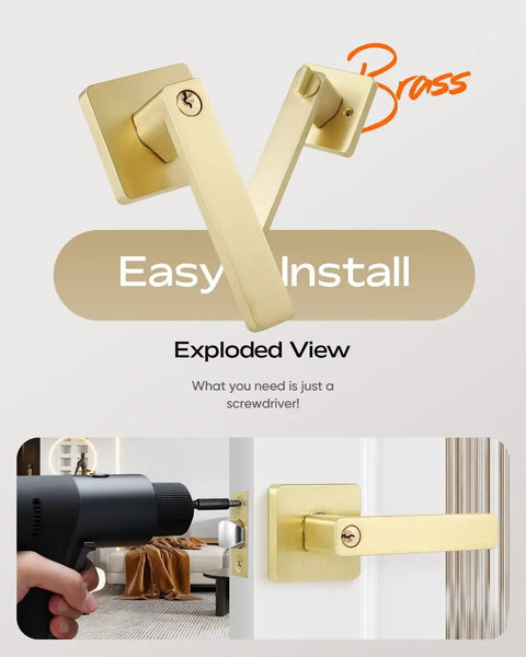 3 Pack Gold Entry Door Levers With Different Keys, zinc alloy, easy install on white door; close-up of satin brass finish and handle